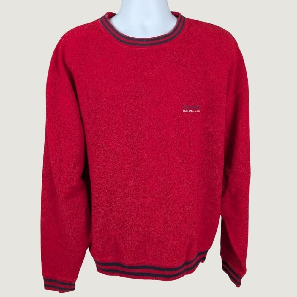 Vintage Chaps Ralph Lauren Red Fleece Crewneck Sweatshirt XXL Striped Trim 5406A